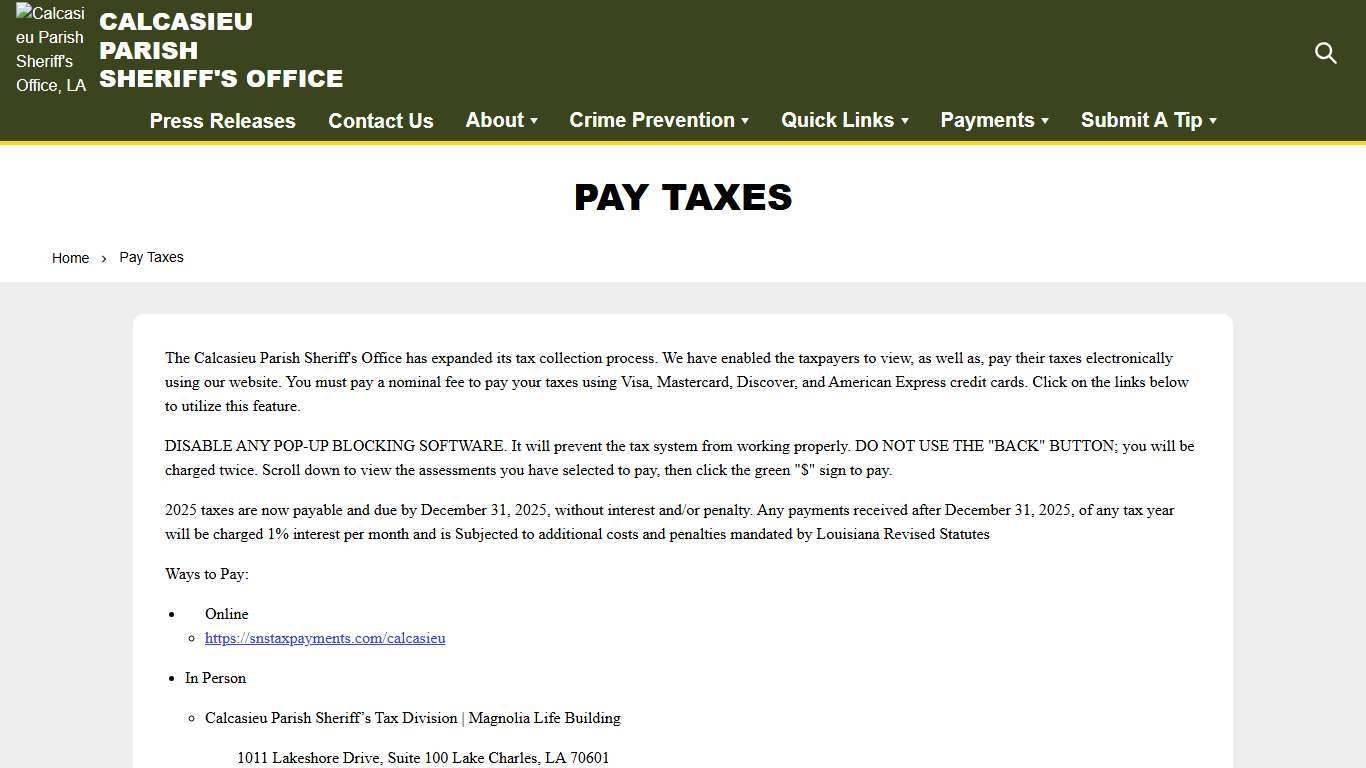 Pay Taxes Calcasieu Parish Sheriff's Office, LA